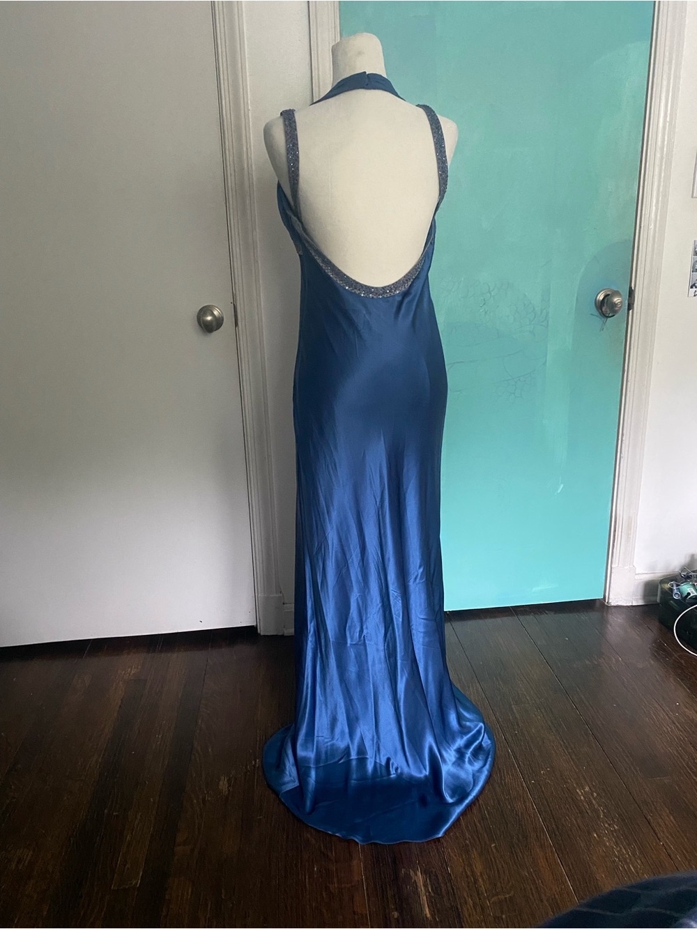 Sue Wong Sapphire Blue Backless Satin Halter Gown